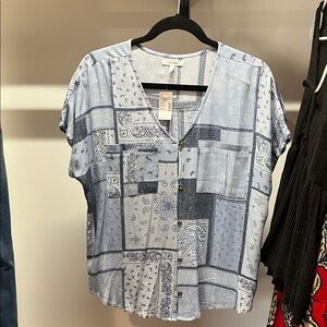 Maurices Light Blue Patchwork Print V-Neck Blouse